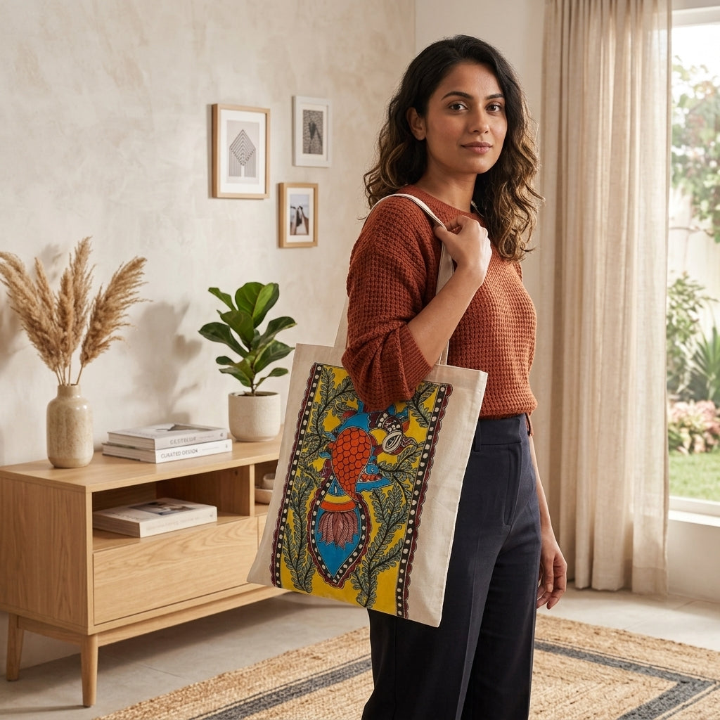 Handcrafted Madhubani Painting Tote Bag –  Eco-Friendly Shopping & Everyday Carry Bag