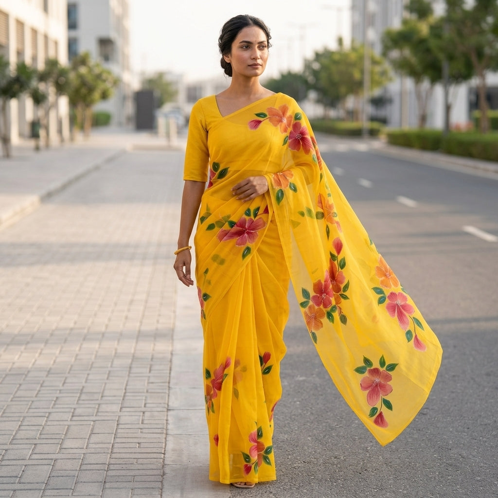 Bright Yellow Floral Handmade Madhubani Painting Saree with Blouse
