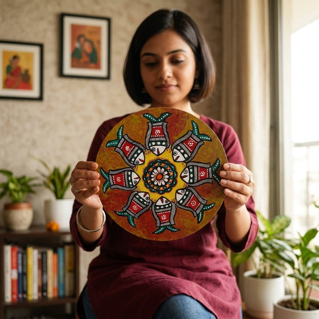 Fish Madhubani Wall Art on MDF Board – Handmade Mithila Painting for Home Decor