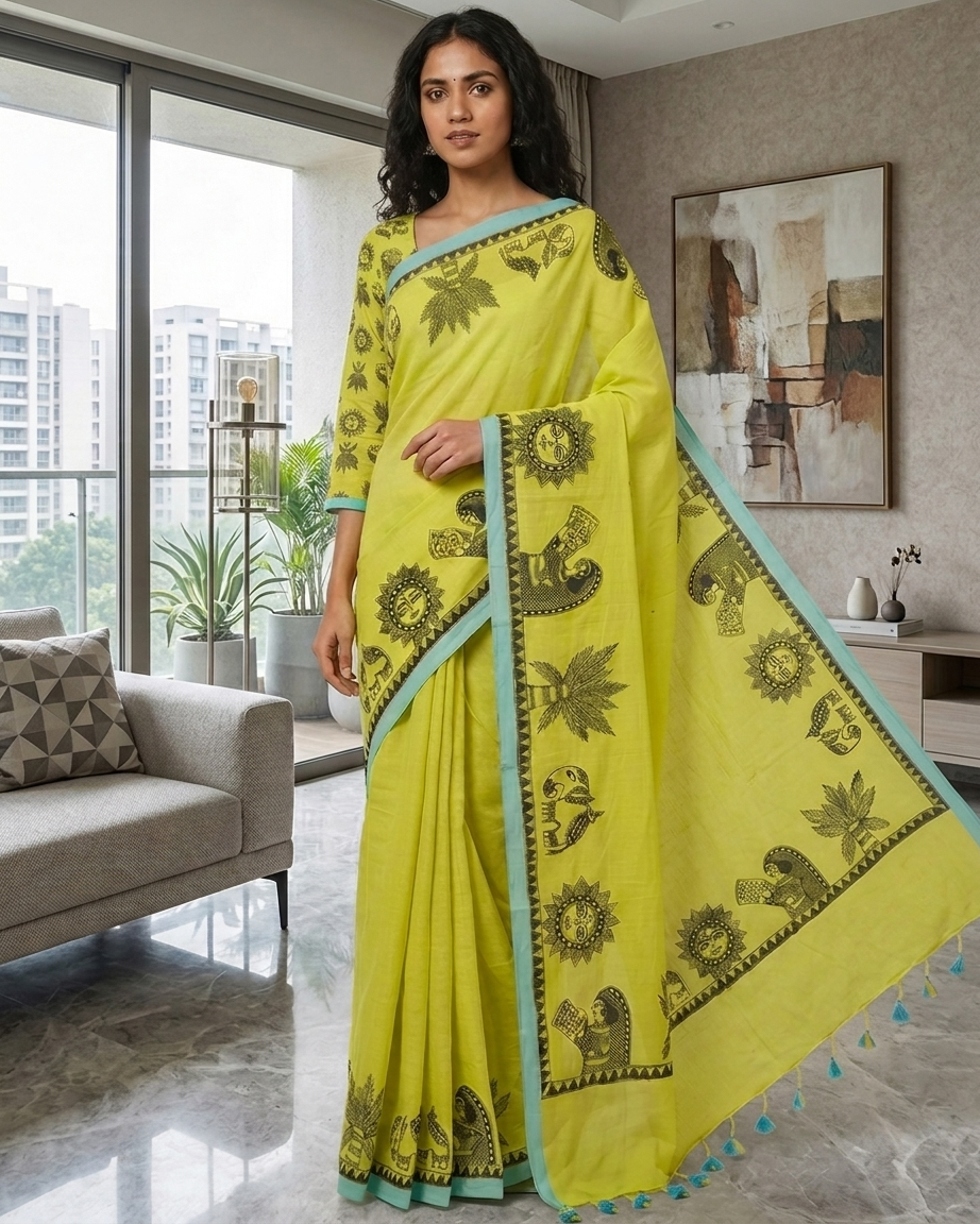 Handmade Madhubani Painting Saree with Blouse | Chhath Puja Saree