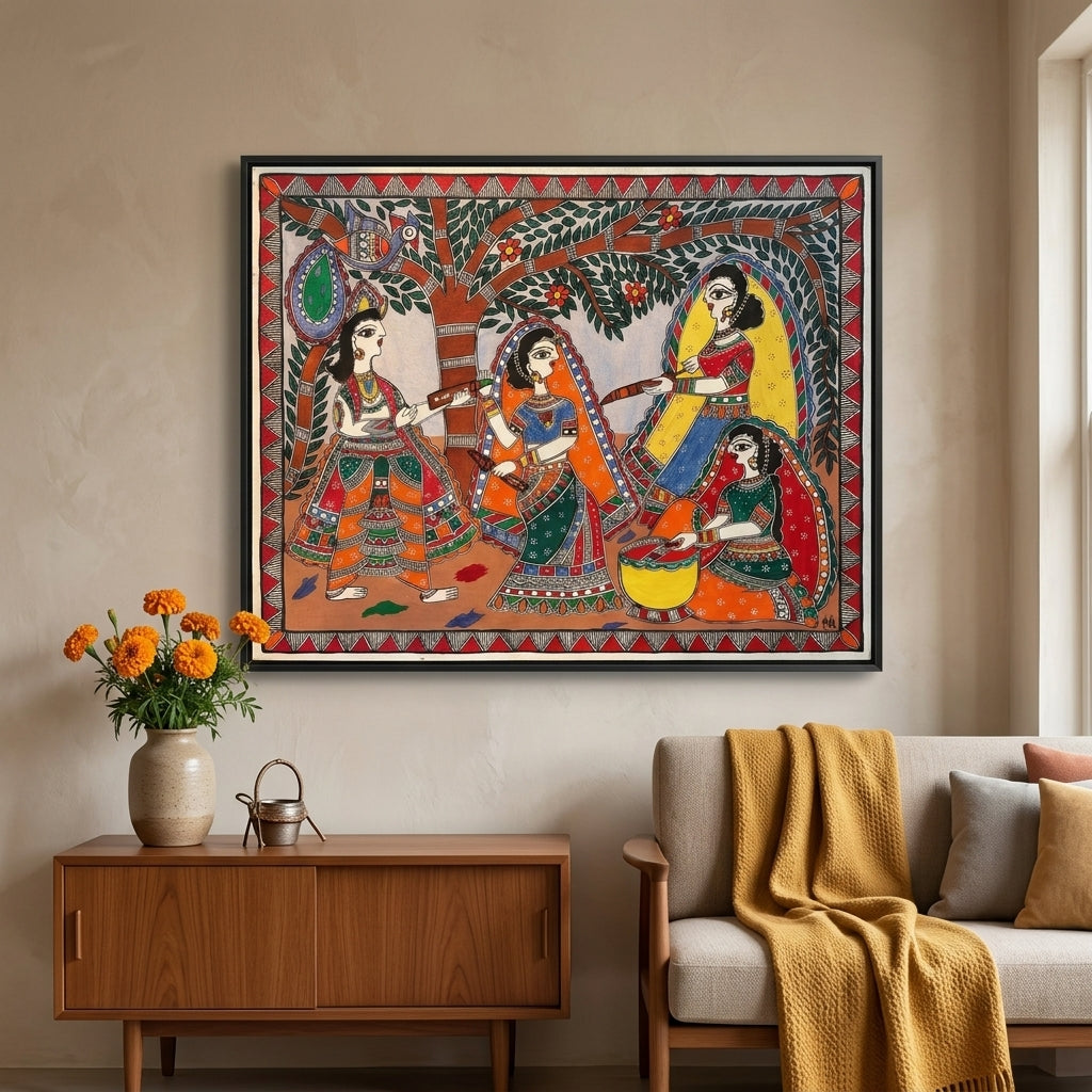 Krishna & Radha Holi Festival Madhubani Painting - Handmade Wall Art