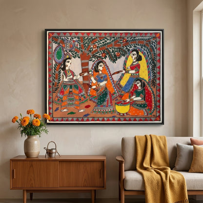 Krishna & Radha Holi Madhubani Painting | Wall Art Decor
