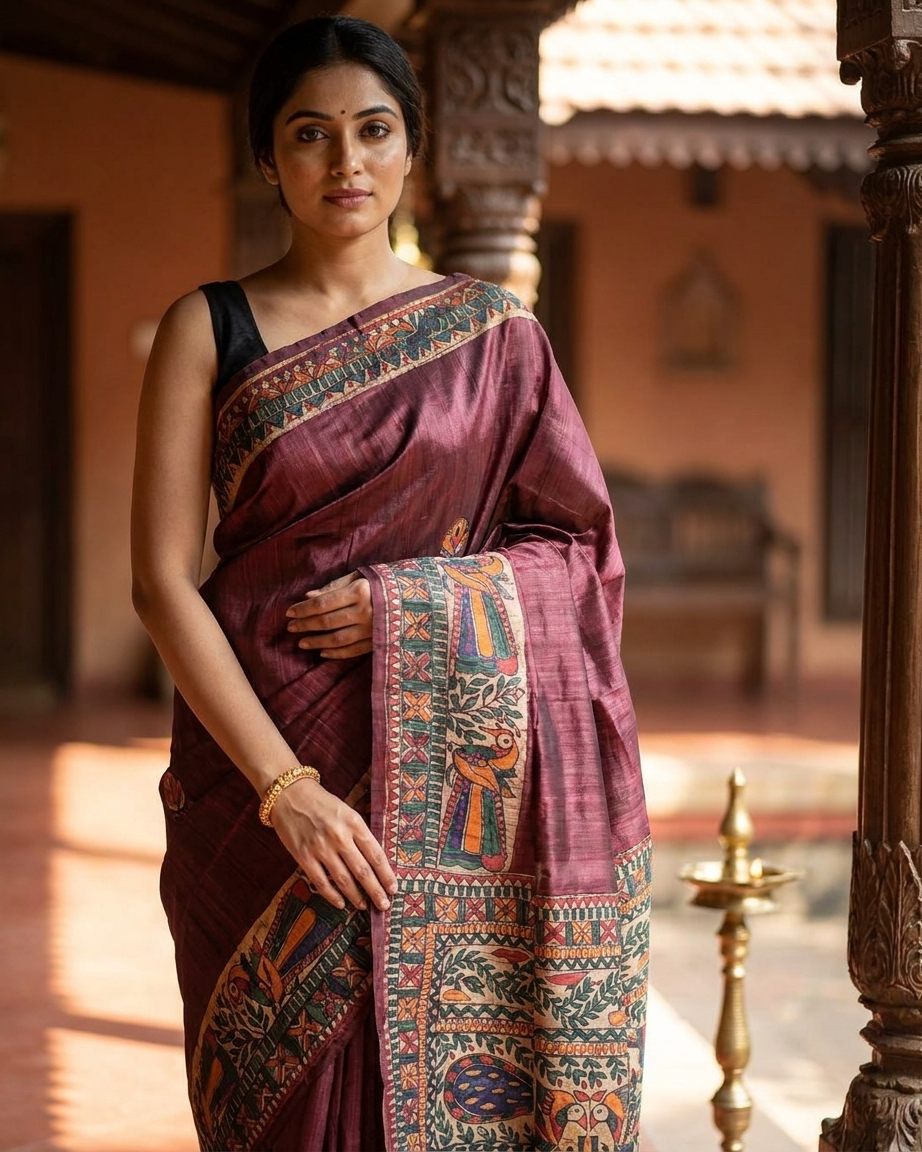 Handmade Madhubani Painting Silk Saree with Blouse | Ethnic Saree for Women