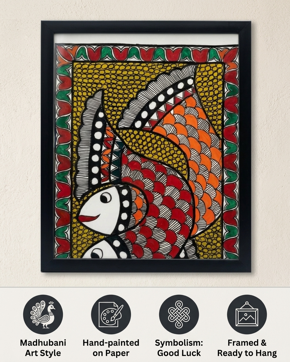 Fish Madhubani Painting Framed A4 –  Wall Art Decor