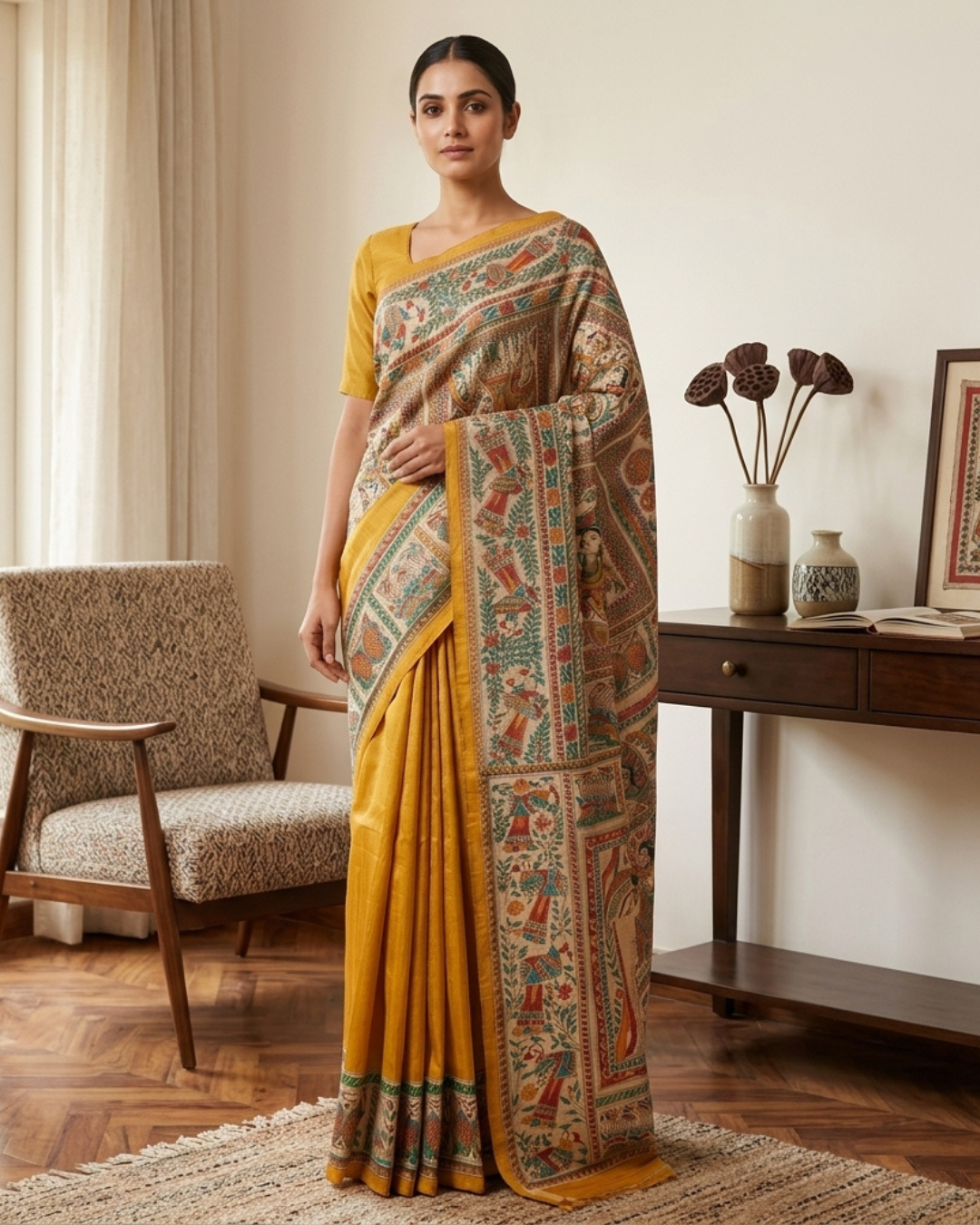 Handmade Madhubani Painting Saree with Blouse | Hand-Painted Ethnic Saree for Women