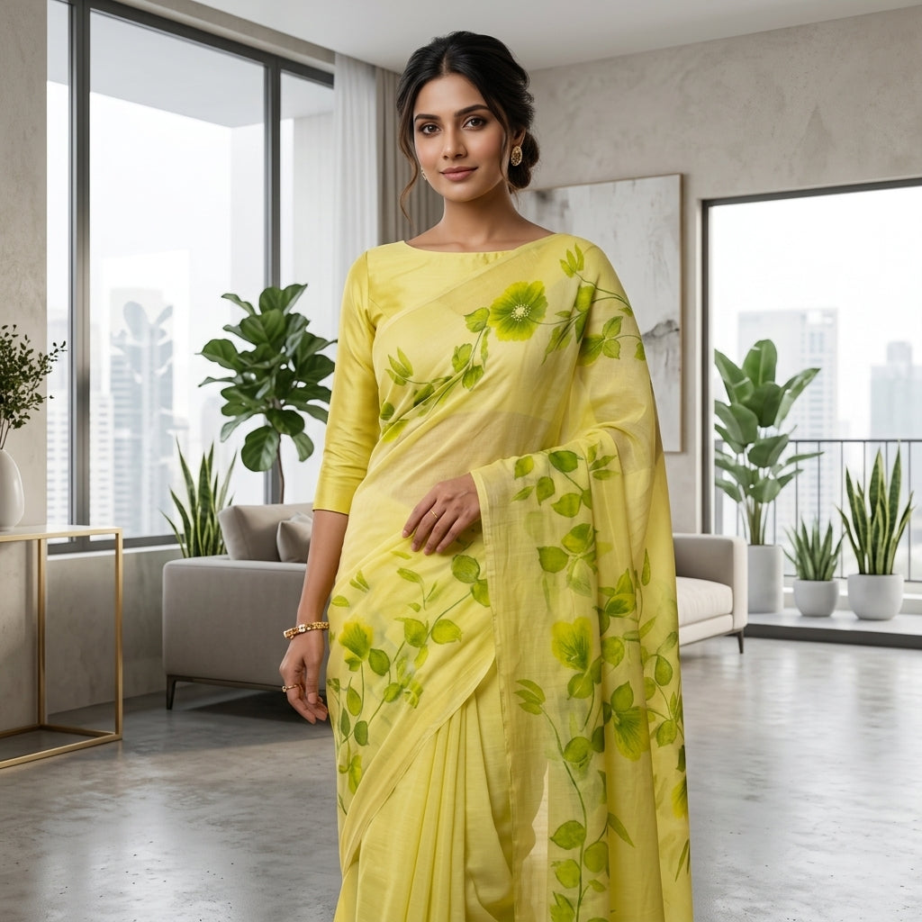 Light Green Floral Handmade Madhubani Painting Saree with Blouse – Handcrafted Mithila Art Saree for Women