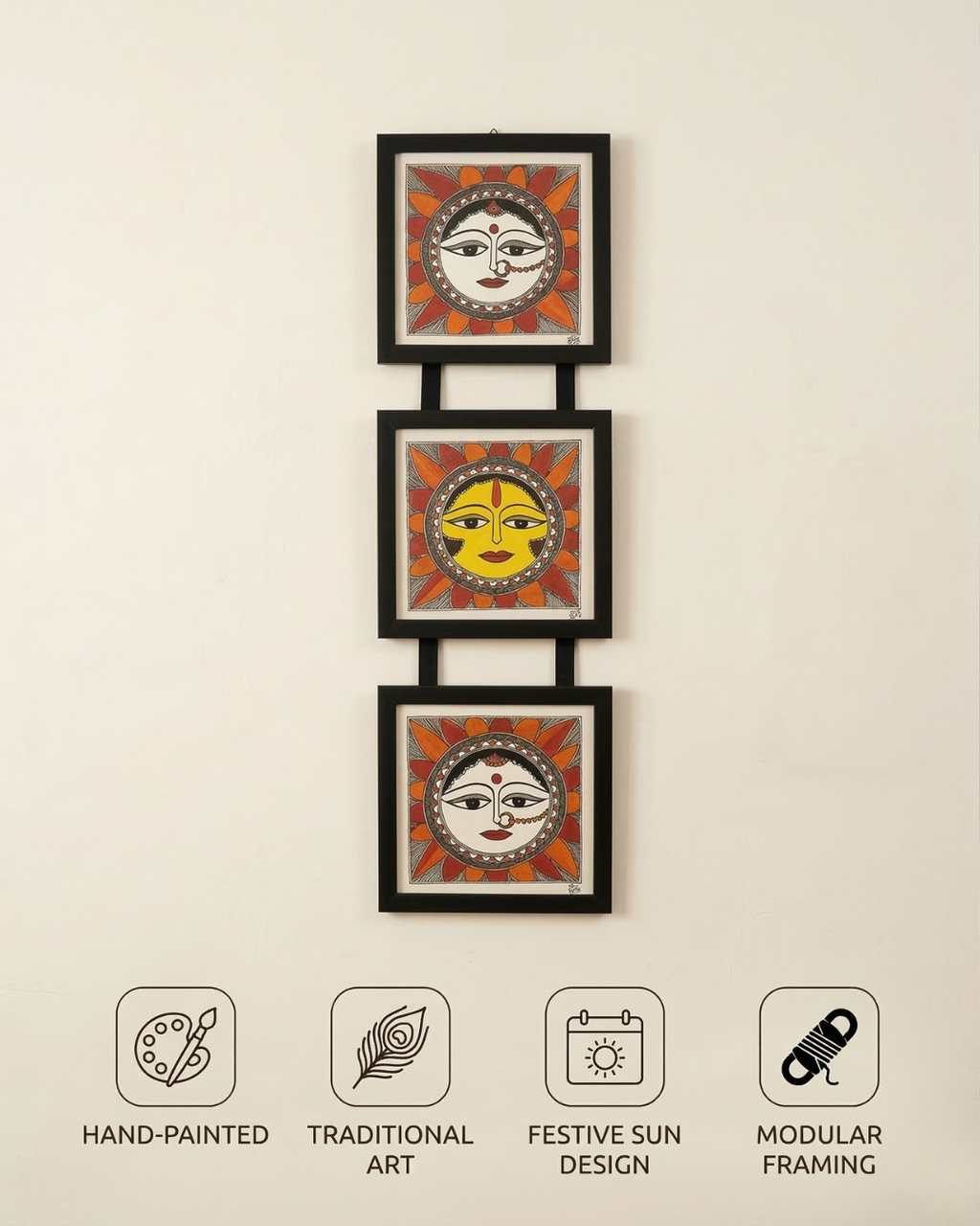 Sun Madhubani Triple Frame Wall Hanging – Handmade Mithila Art Decor