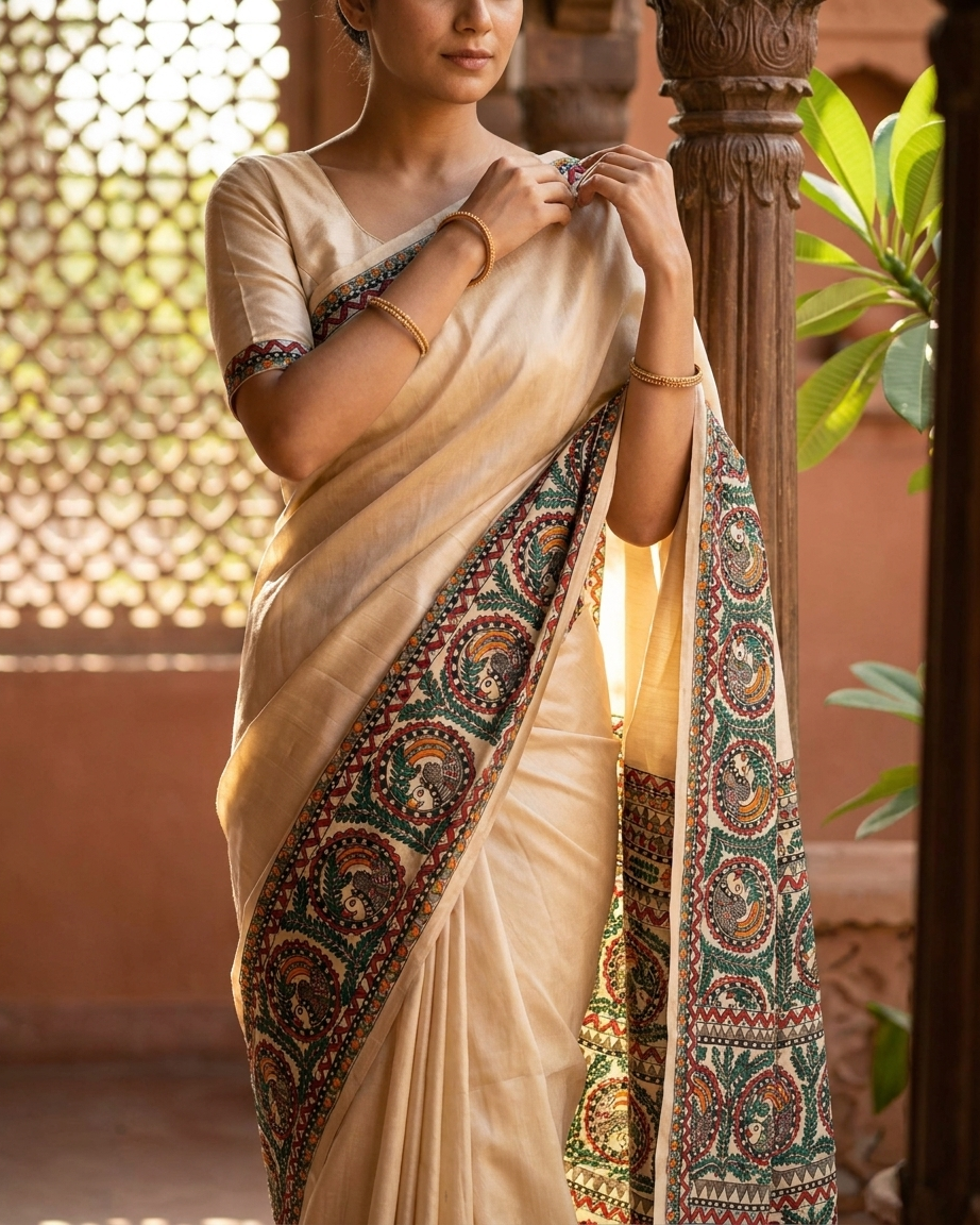 Handmade Madhubani Painting Saree with Blouse | Hand-Painted Ethnic Saree for Women