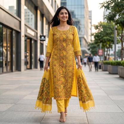 Hand-Painted Madhubani Kurti Palazzo Dupatta Set