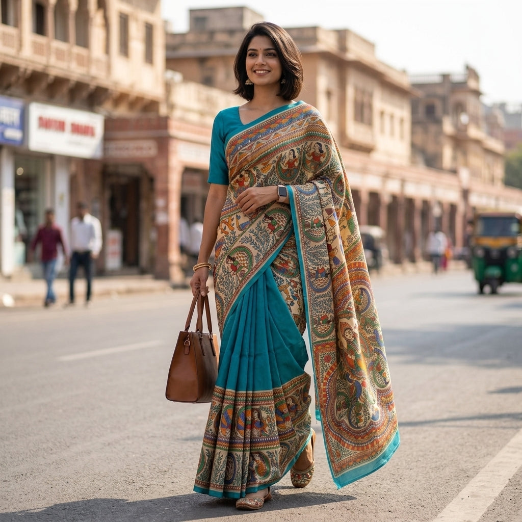 Bright Blue Handmade Madhubani Painting  Saree with Blouse