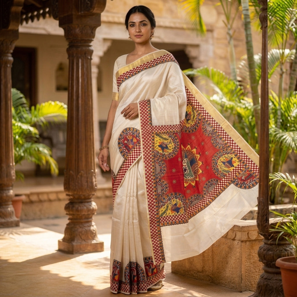 Handmade Madhubani Painting Kerala Cotton Saree with Blouse | Ethnic Saree