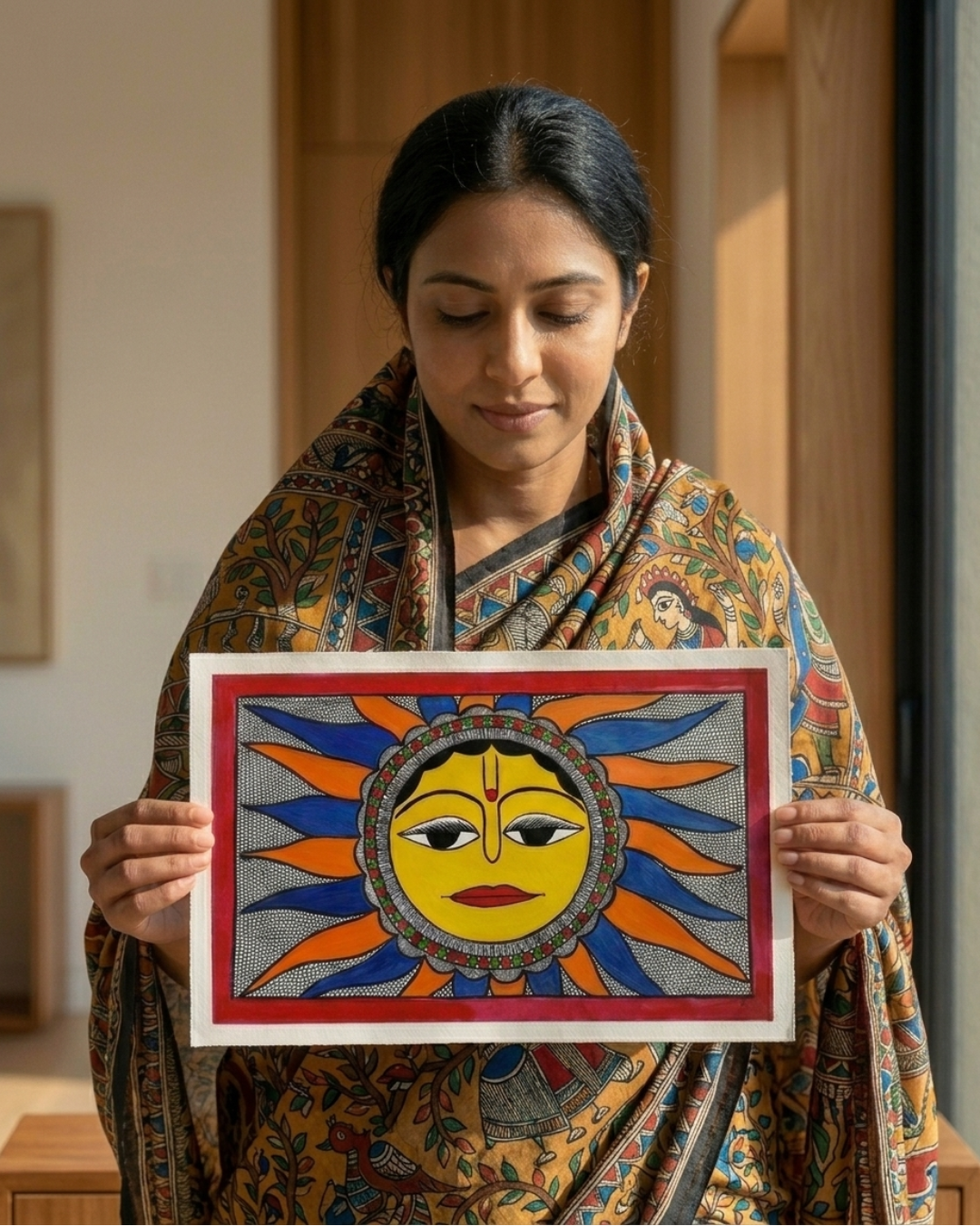 Sun Madhubani Painting on Handmade Paper (14x22 Inch) – Traditional Mithila Folk Art Wall Decor
