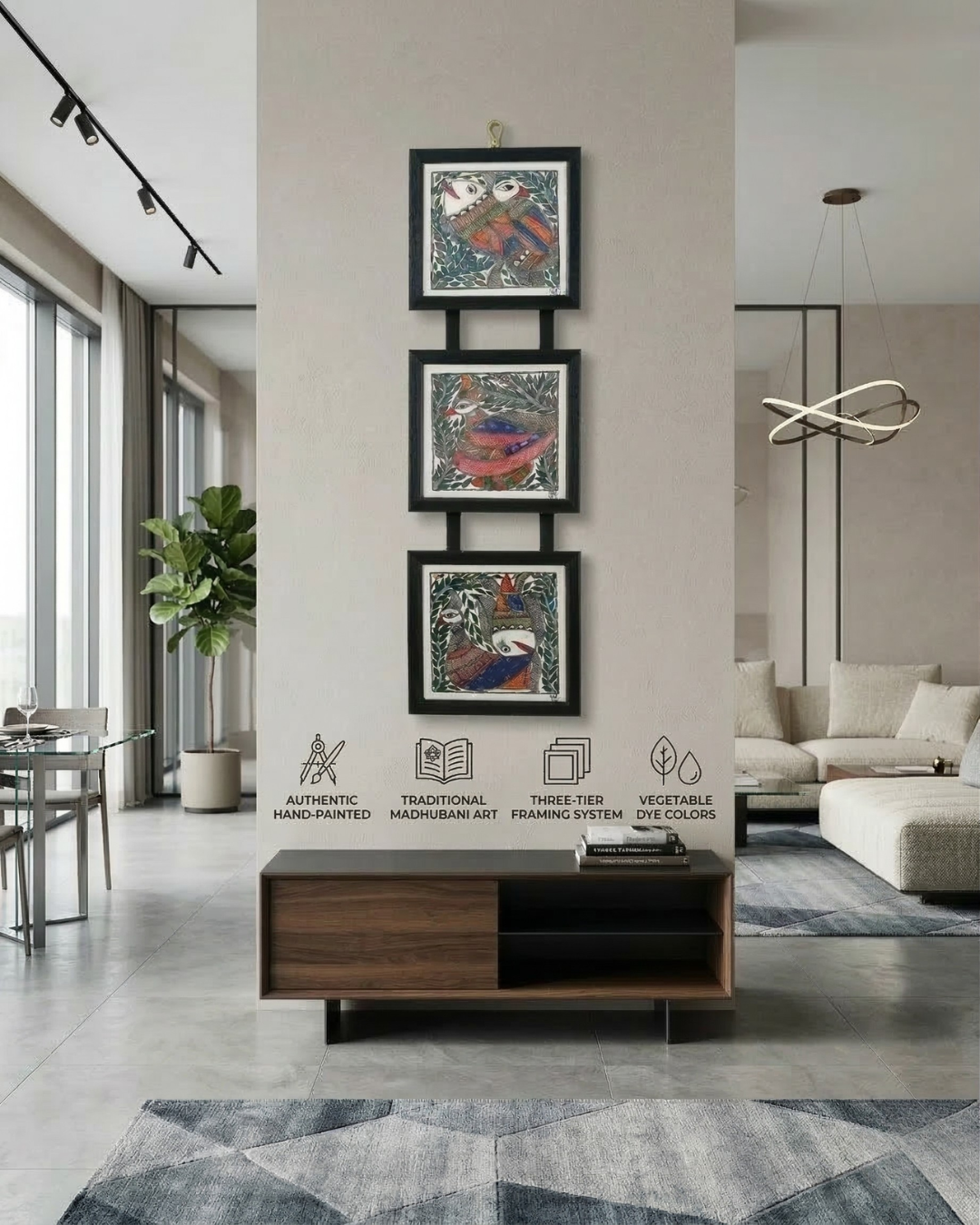 Fish & Peacock Madhubani Triple Frame Wall Hanging – Handmade Decor