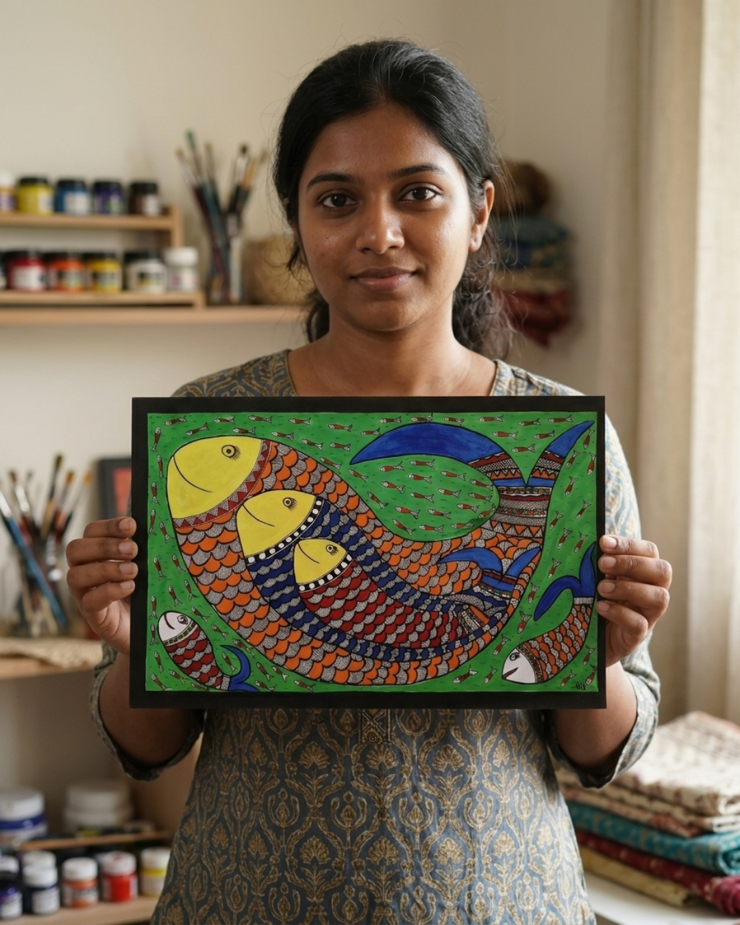 Fish Madhubani Painting on Handmade Paper (14x22 Inch) – Traditional Mithila Folk Art Wall Decor