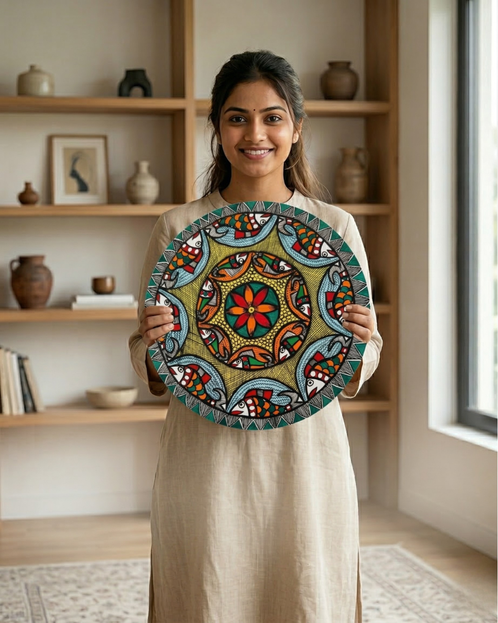 Fish & Lotus Mandala Madhubani Wall Art | 12 Inch MDF Board