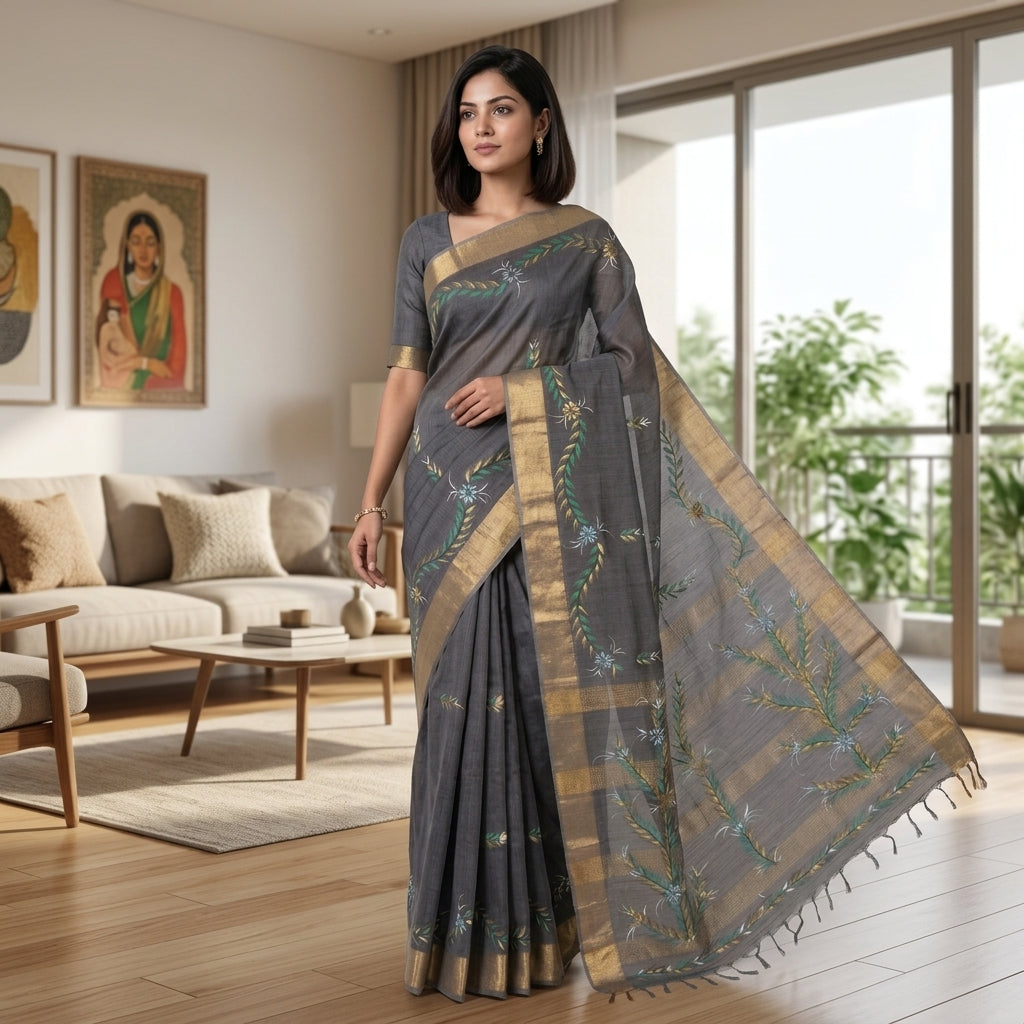 Dark Grey Handmade Madhubani Painting Saree with Blouse - Traditional Mithila Art