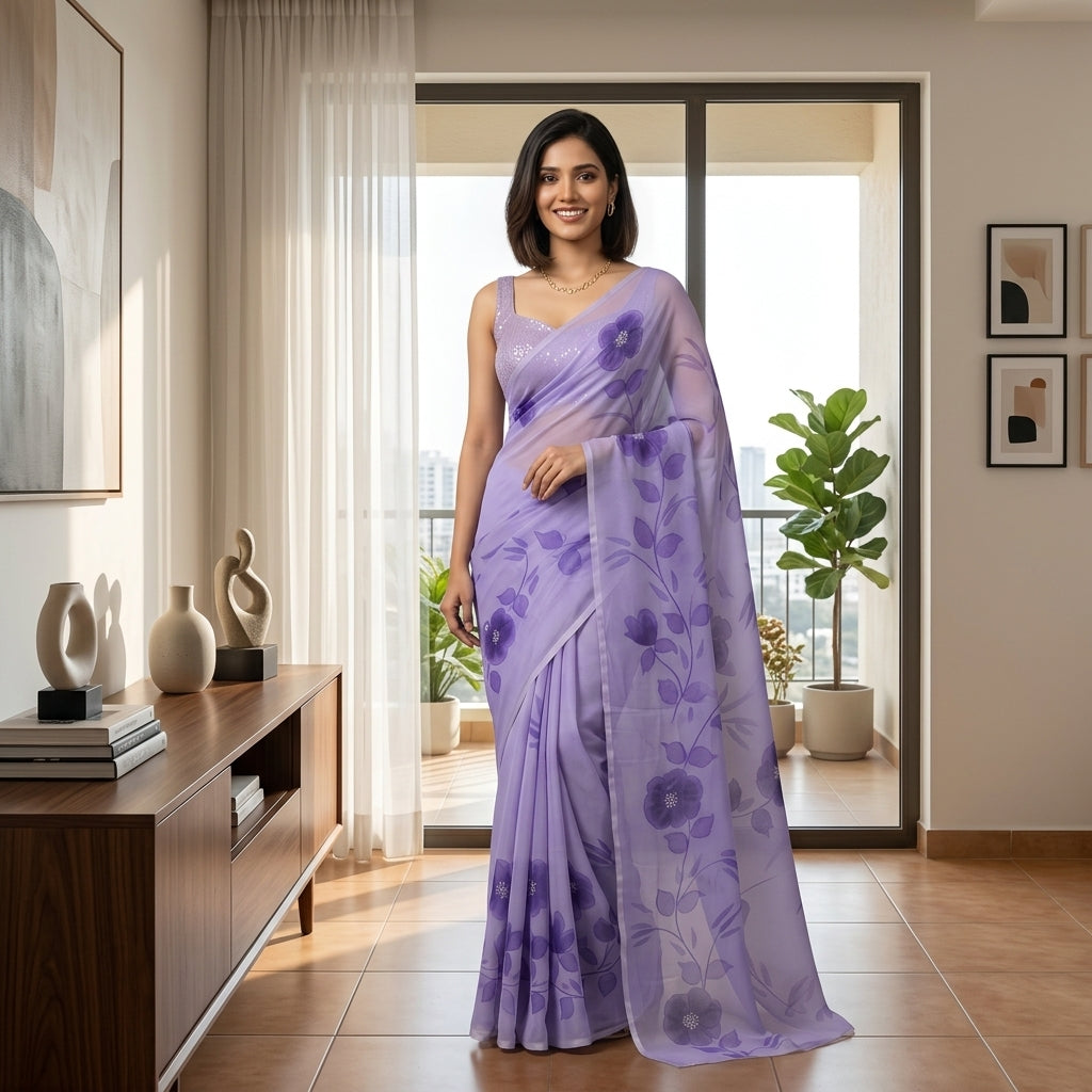Lavender Floral Handmade Madhubani Painting Saree with Blouse – Handcrafted Mithila Art