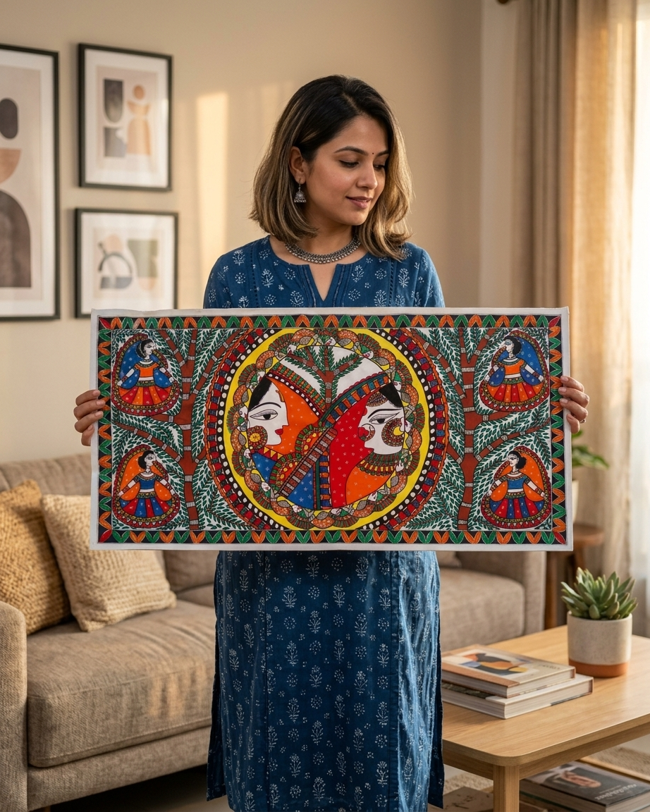 Krishna Radha Rashlila Madhubani Painting Canvas Wall Art Without Frame