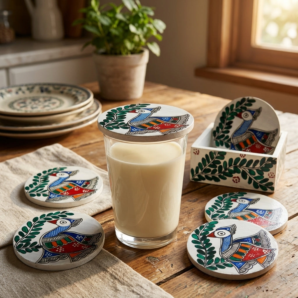 Handmade Peacock Design Coaster Set Madhubani Painting with Stand | Set of 6 Tea Coasters
