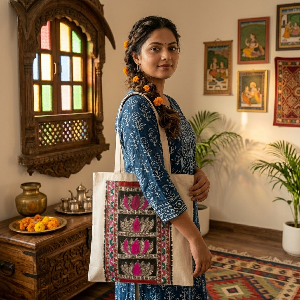 Handcrafted Madhubani Painting Tote Bag – Reusable Shoulder Bag for Everyday Use