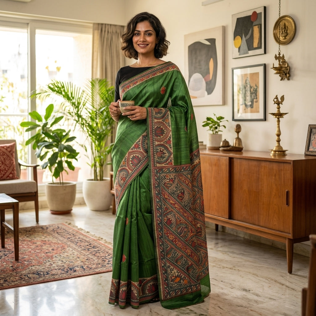 Green Handmade Madhubani Painting Saree with Blouse