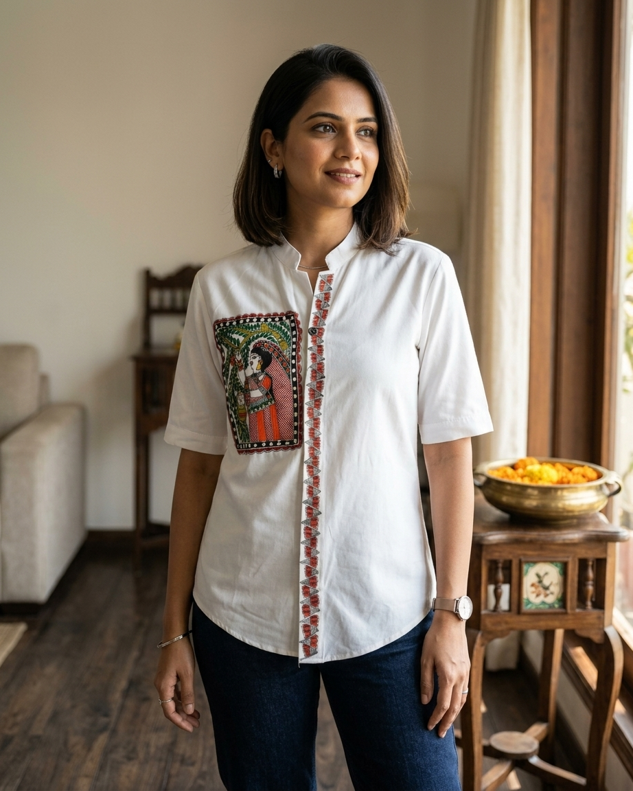 Women’s Madhubani Painting Shirt – (Size L) | Handcrafted Ethnic Designer