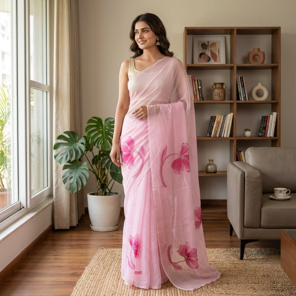 Floral Handmade Madhubani Painting Saree with Blouse Piece – Elegant Hand-Painted Mithila Art Saree for Women