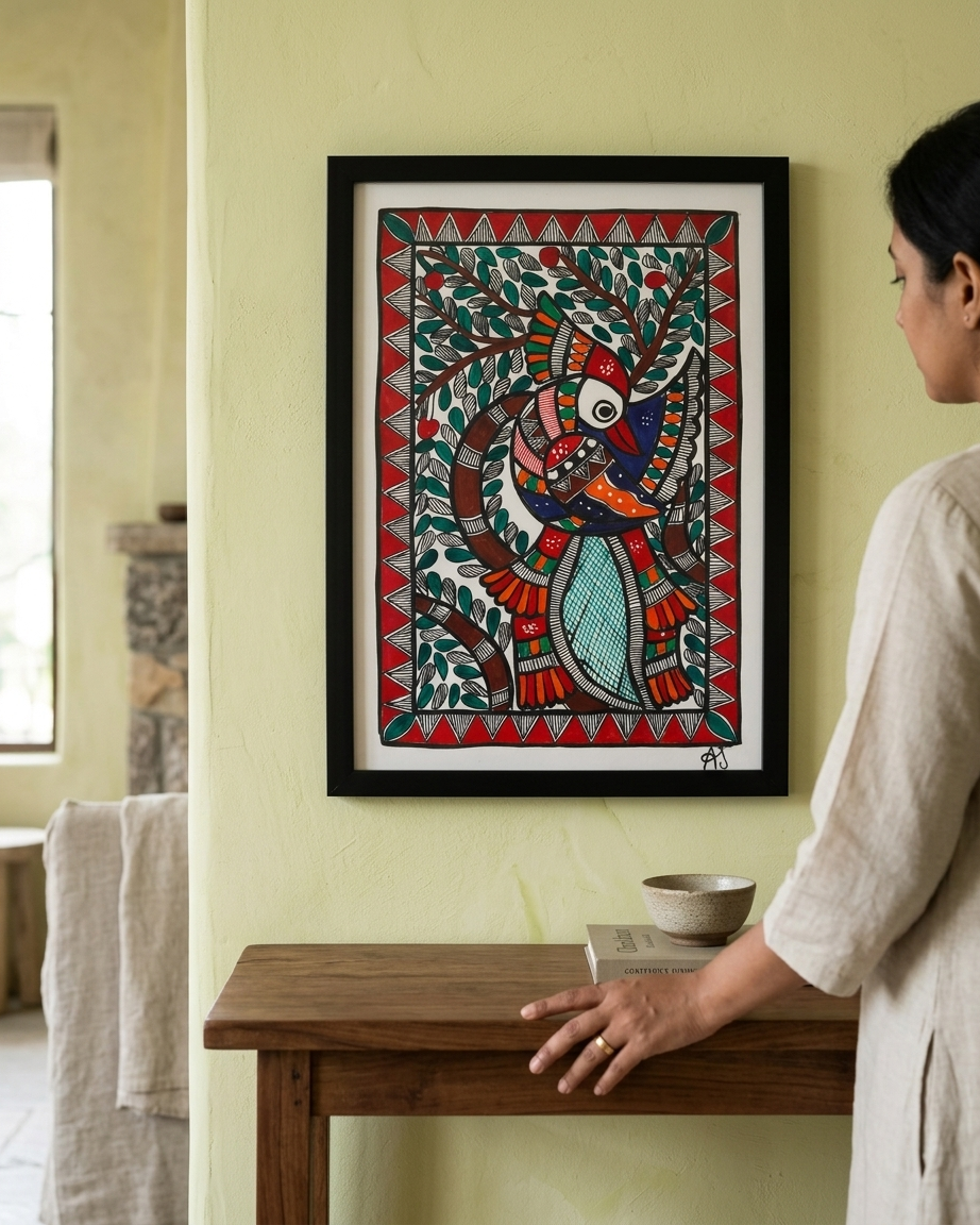 Peacock Madhubani Painting Framed A4 –Wall Art Decor