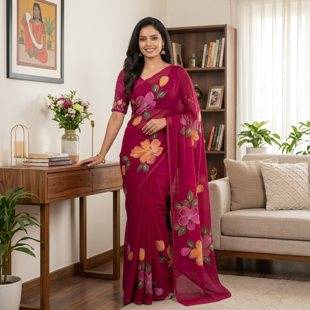 Floral Handmade Madhubani Painting Saree with Blouse  – Traditional Mithila Art Saree for Women