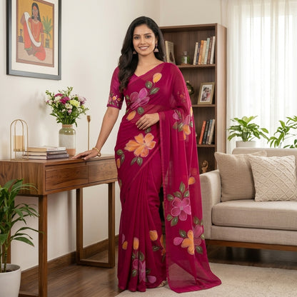 Floral Handmade Madhubani Saree with Blouse