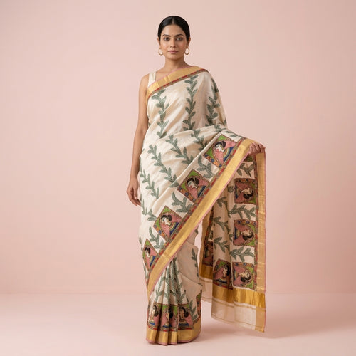 Cream Colour Handmade Madhubani Painting Saree with Blouse