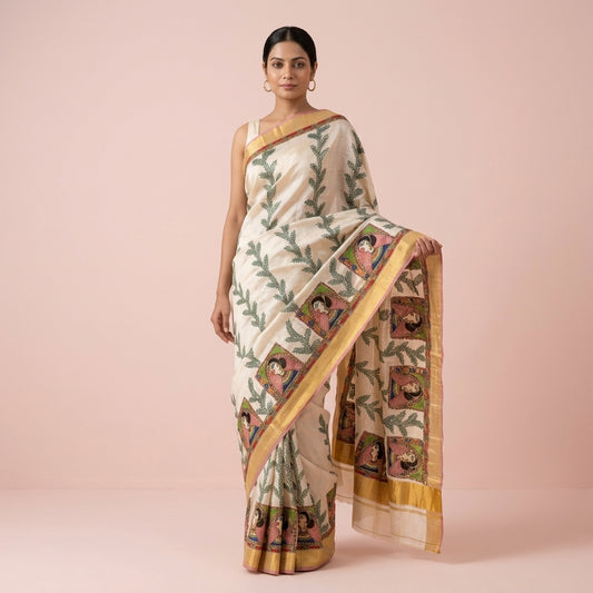 Cream Handmade Madhubani Painting Saree with Blouse