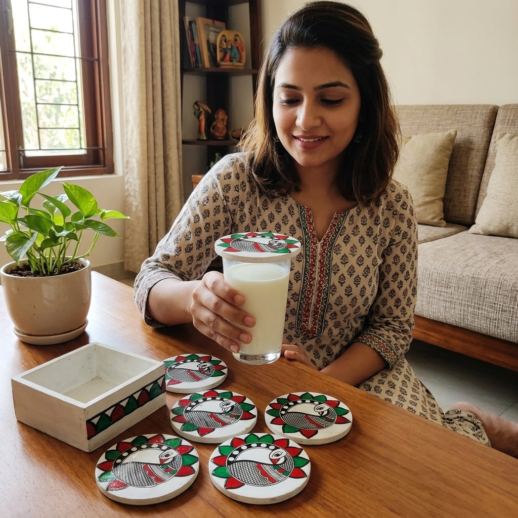 Handmade Peacock Design Madhubani Coaster Set with Stand | Set of 6 Decorative Tea Coasters