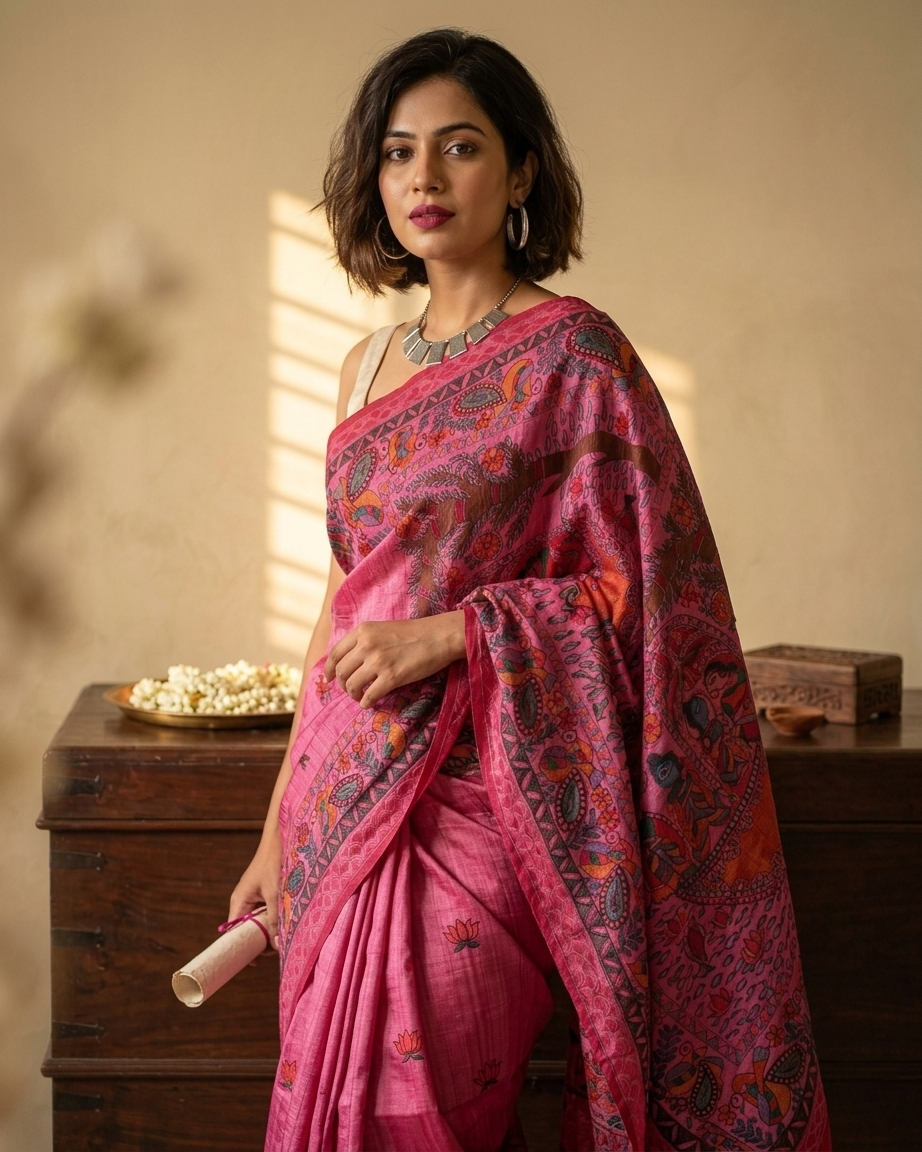 Handmade Madhubani Painting Saree with Blouse | Ethnic Saree