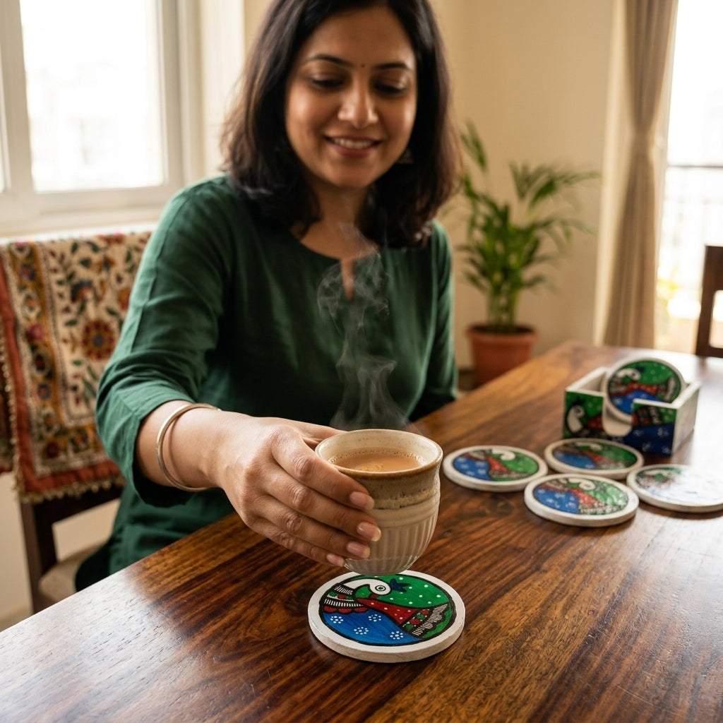 Handmade Peacock Design Coaster Set with Stand | Madhubani Painting Tea Coasters Set of 6