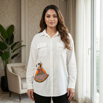 White Handmade Madhubani Painting Women Shirt