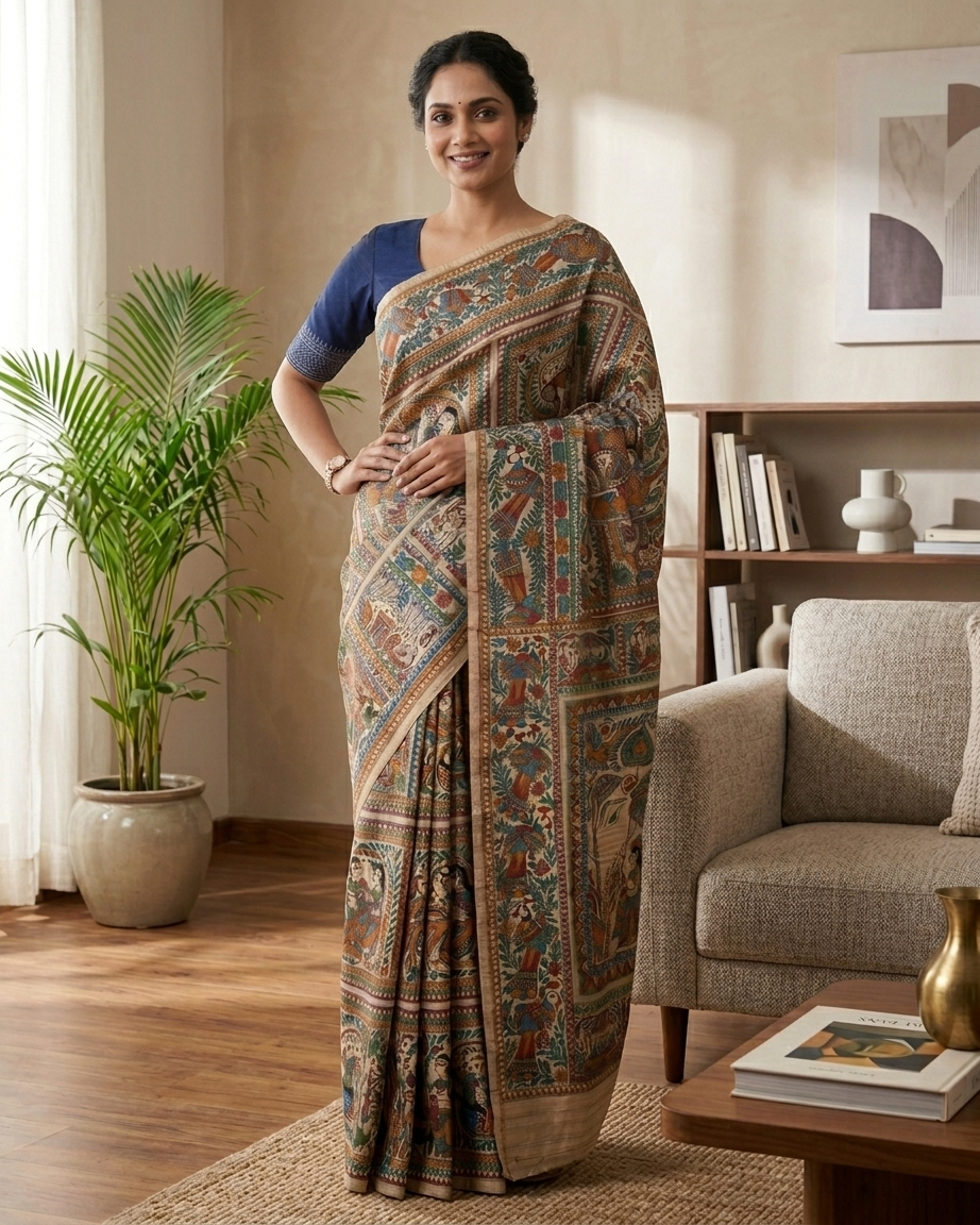 Handmade Madhubani Painting Saree with Blouse | All Over Ethnic Saree for Women