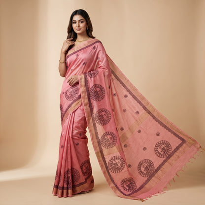 Onion Pink Handmade Madhubani Painting Saree with Blouse