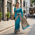 Bright Blue Handmade Madhubani Painting Saree with Blouse