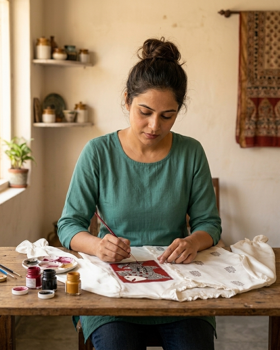 Women Madhubani Painting Shirt  – Handcrafted Ethnic Designer Wear