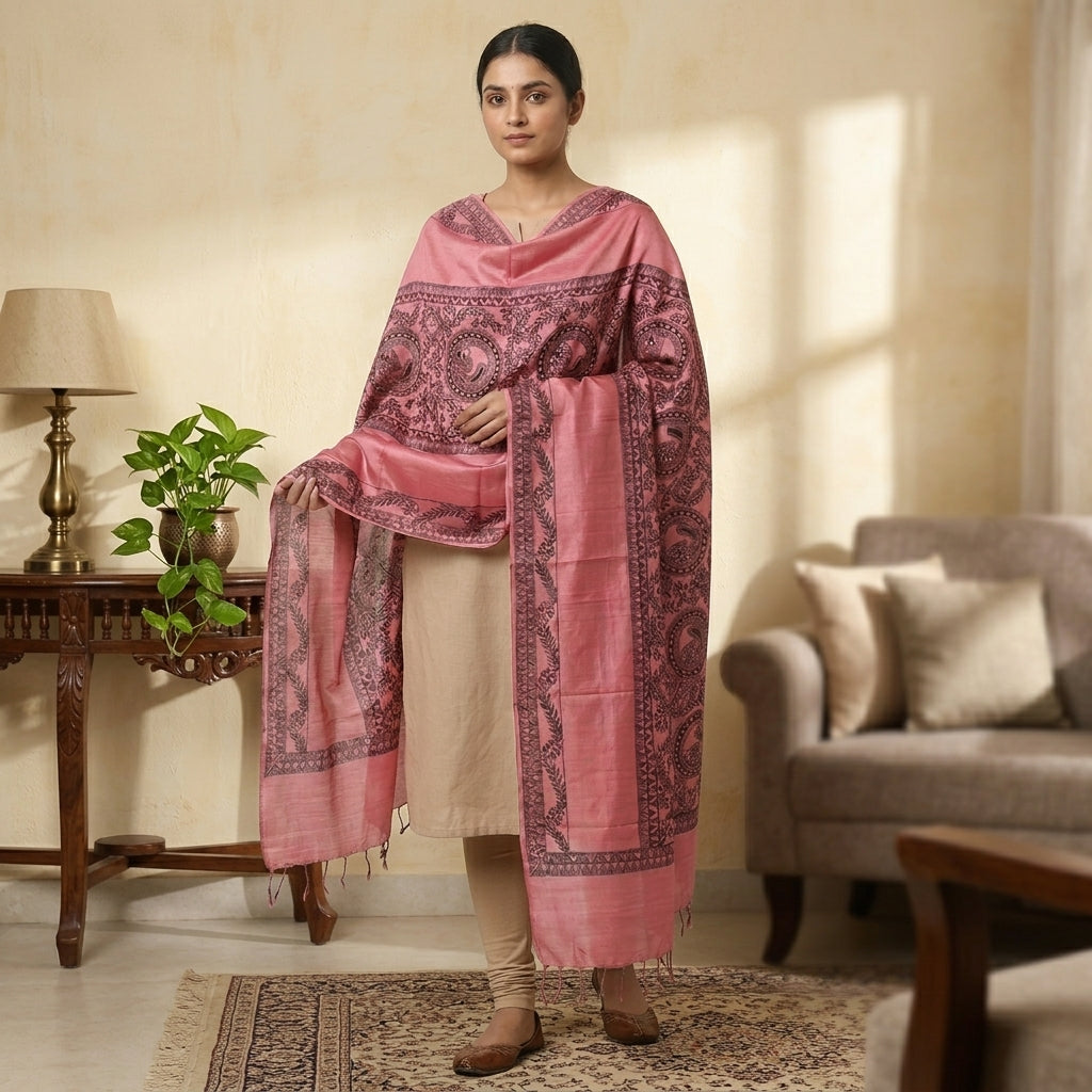 Handmade Madhubani Painting Dupatta | Hand-Painted Ethnic Dupatta
