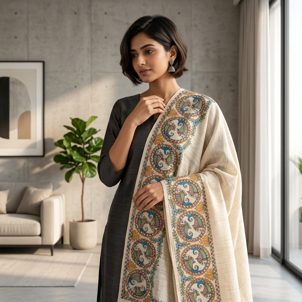 Handmade Madhubani Painting  Dupatta for Women – Ethnic Handcrafted