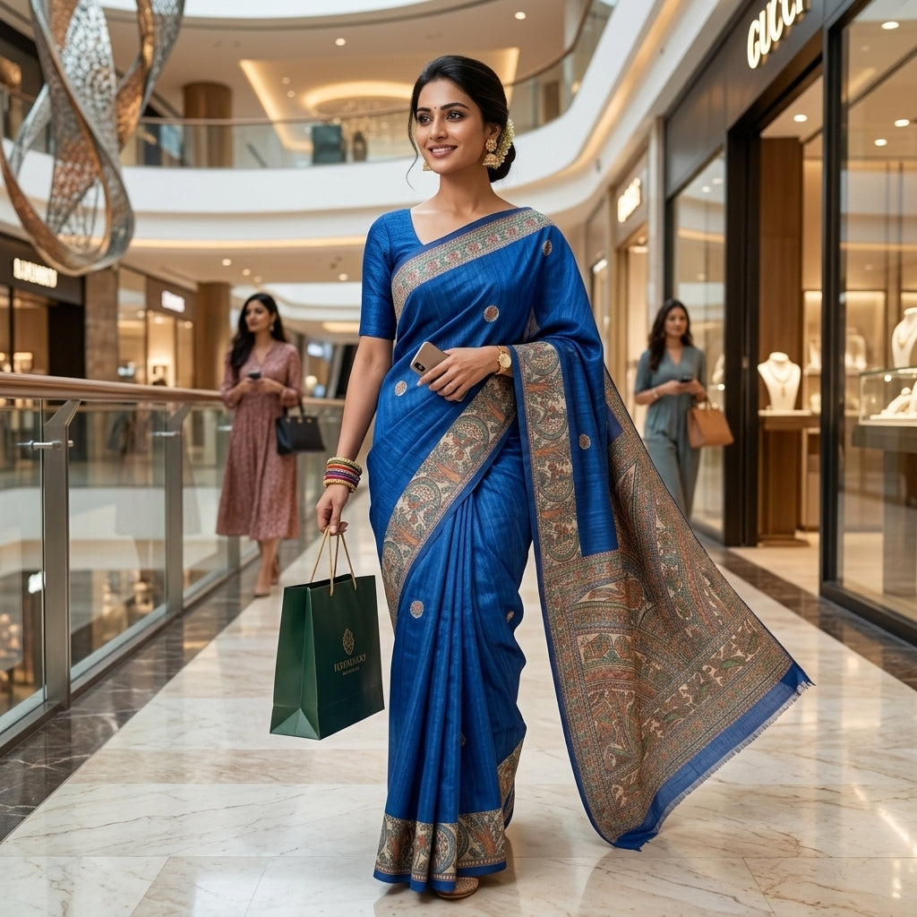 Blue Handmade Madhubani Painting  Saree with Blouse