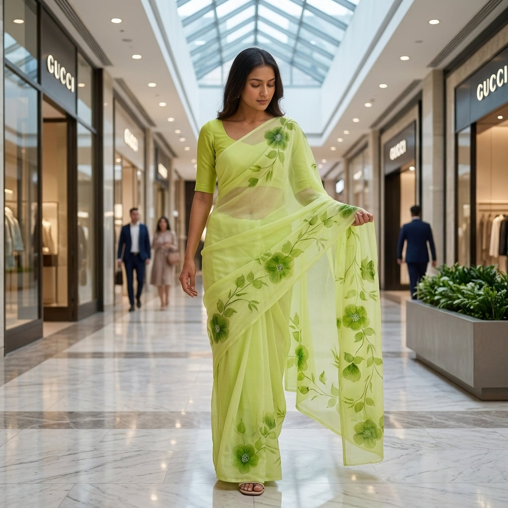 Pista Green Floral Handmade Madhubani Painting Saree with Blouse