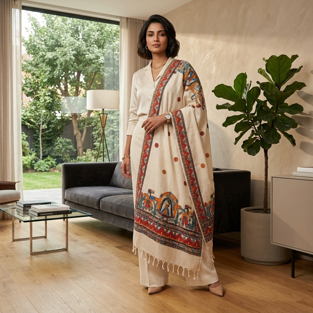 Handmade Madhubani Painting  Dupatta for Women – Handcrafted Ethnic