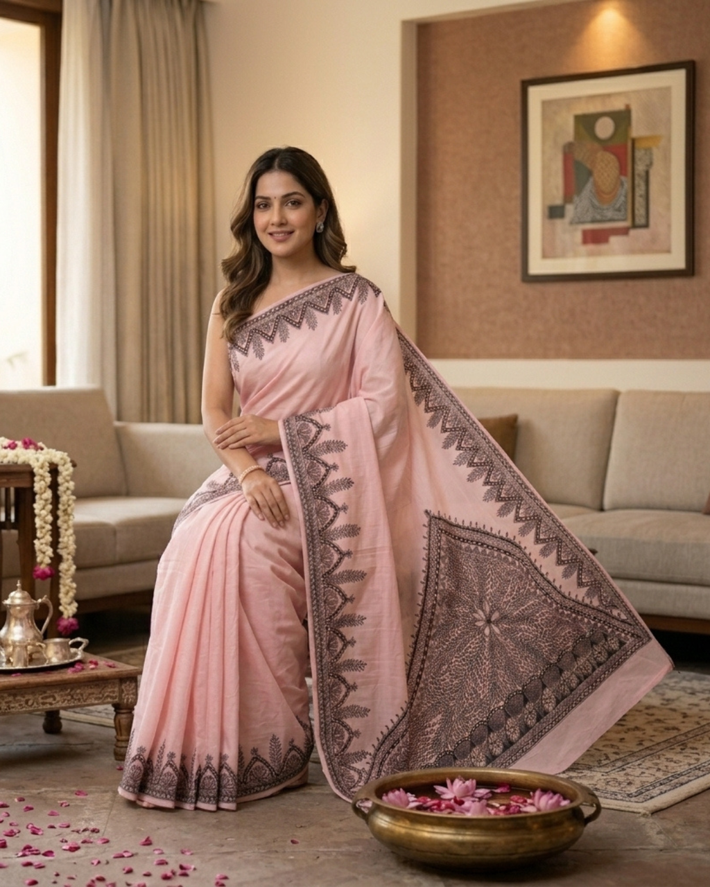 Handmade Madhubani Painting Saree with Blouse for Women