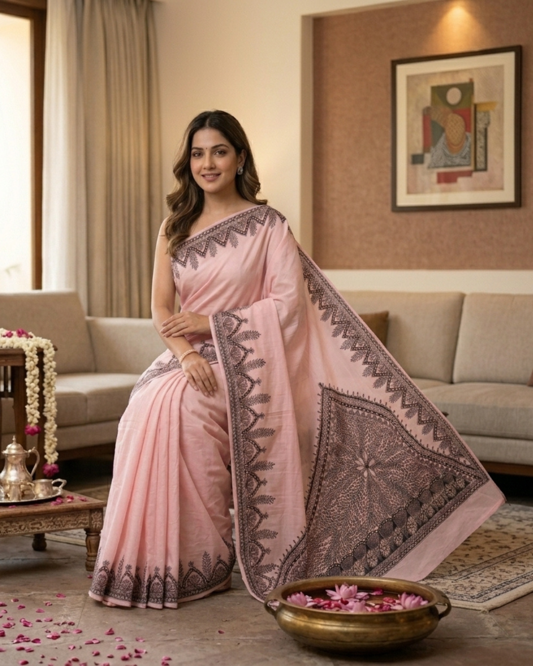 Handmade Madhubani Painting Saree with Blouse for Women