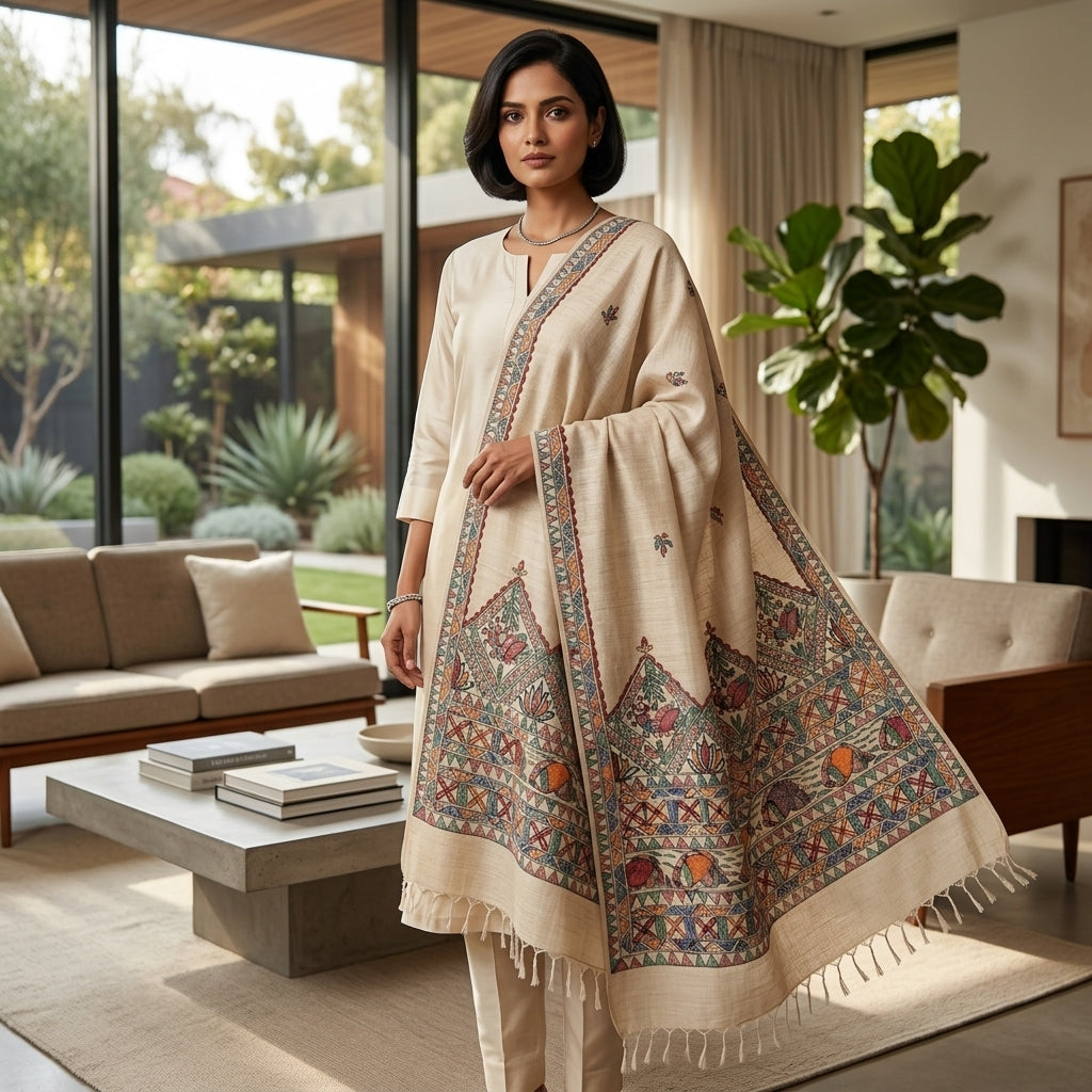 Handmade Madhubani Painting Dupatta for Women | Traditional Ethnic