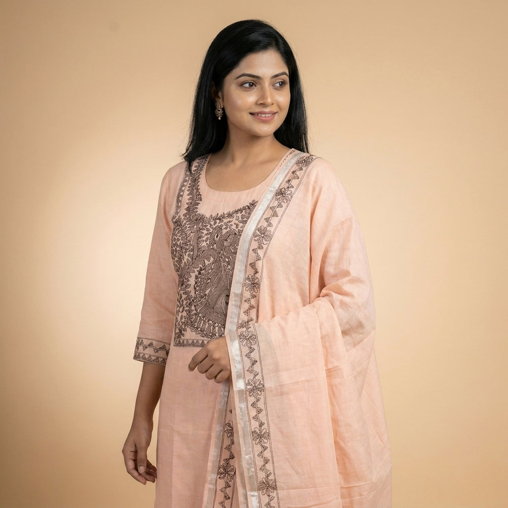 Hand-Painted Madhubani Kurti Plazzo Dupatta Set