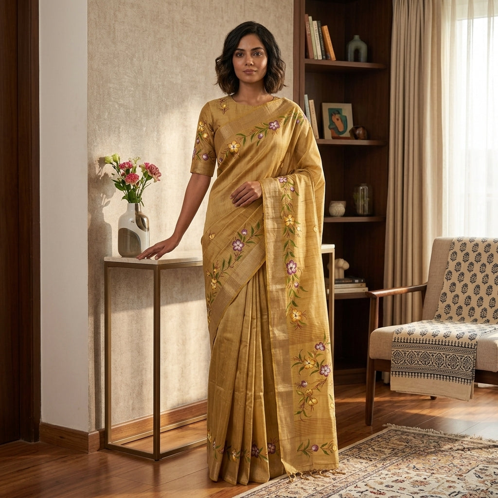 Golden Beige Floral Handmade Madhubani Painting  Saree with Blouse